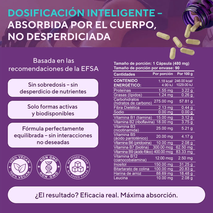 Complejo B vegano con inositol y colina vitaminas B1 B2 B3 B4 B5 B6 B7 B12 suplemento para energia nervios y piel sin gluten sin azucar 90 caps GRADO B