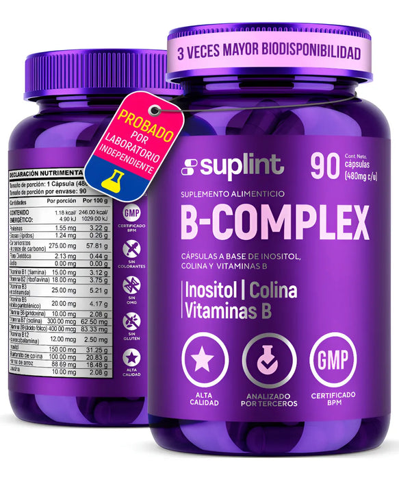 Complejo B vegano con inositol y colina vitaminas B1 B2 B3 B4 B5 B6 B7 B12 suplemento para energia nervios y piel sin gluten sin azucar 90 caps GRADO B
