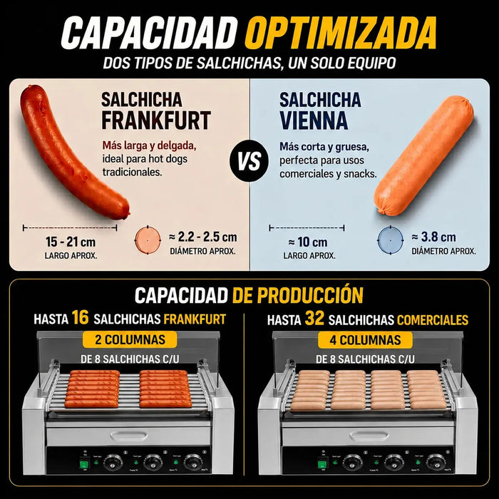 MAQUINA PARA HOT DOGS 16 SALCHICHAS COMERCIAL 18 PANES 9 RODILLOS CALENTADOR ELECTRICO 2200W 155° C CAJON CAPELO CRISTAL TEMPLADO ACERO INOXIDABLE NEGOCIO SNACK BAR EVENTO FOOD TRUCK USO RUDO GRADO B
