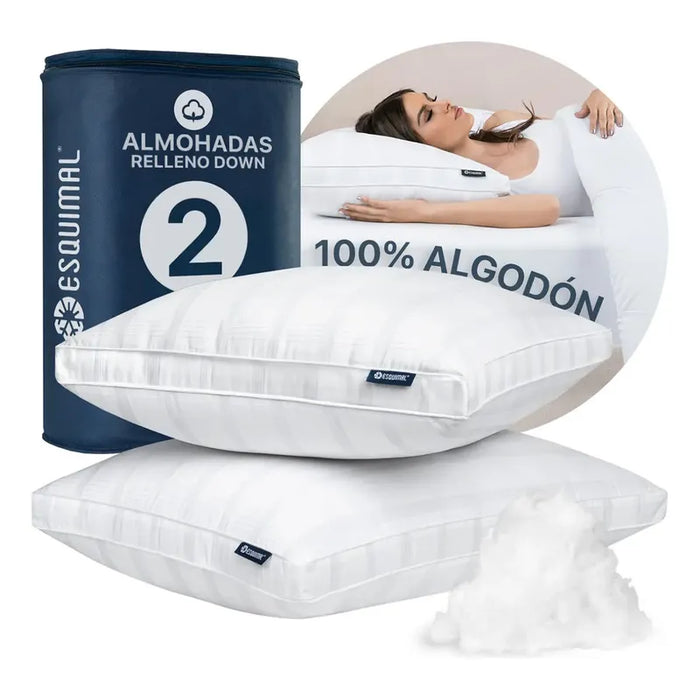PAQUETE DE 2 ALMOHADAS INDI-QUEEN SIZE, 100% ALGODÓN ESQUIMAL, 300 HILOS, RELLENO TIPO DOWN, FRESCA, TRANSPIRABLE Y NATURAL. BLANCO GRADO A