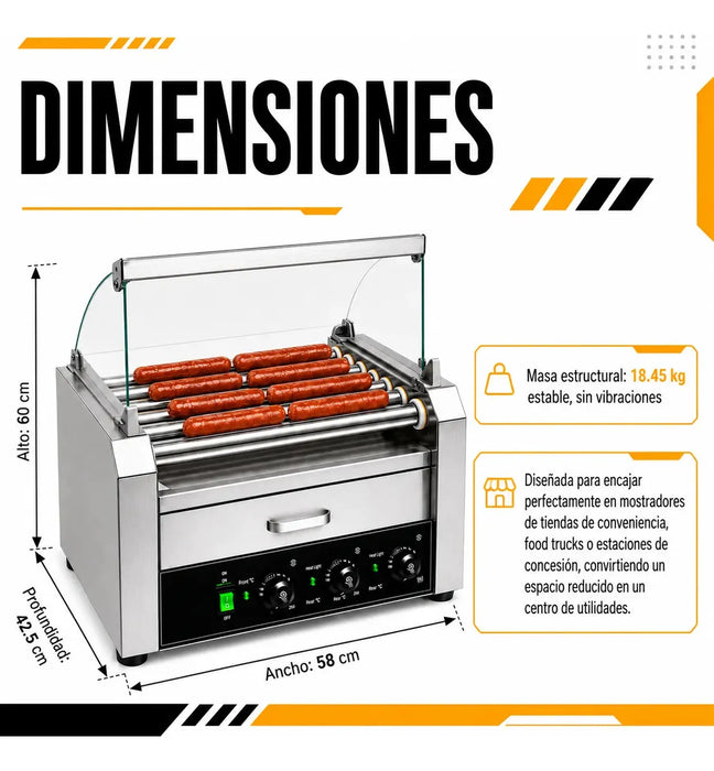 MAQUINA PARA HOT DOGS 16 SALCHICHAS COMERCIAL 18 PANES 9 RODILLOS CALENTADOR ELECTRICO 2200W 155° C CAJON CAPELO CRISTAL TEMPLADO ACERO INOXIDABLE NEGOCIO SNACK BAR EVENTO FOOD TRUCK USO RUDO GRADO B