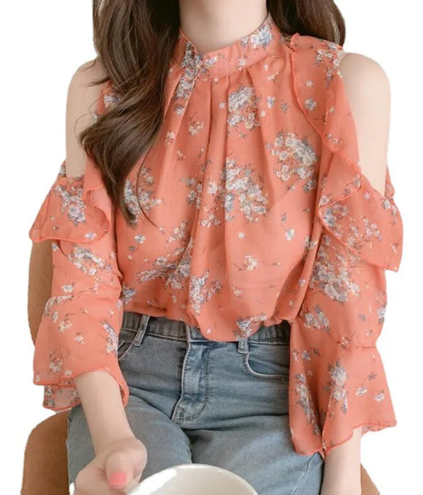 moda y hermosa camisa de chifón de manga larga para mujeres