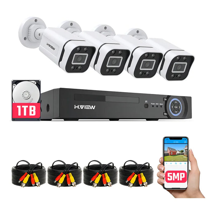 Kit H.view HV-84AHD5001-1TB De Cámara de Videovigilancia Circuito Cerrado 5mp 4 Cámaras Exterior Disk 1000gb Dvr Color Blanco Two-way Audio Grado B
