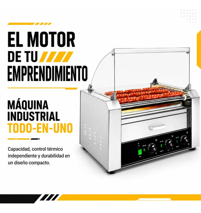 MAQUINA PARA HOT DOGS 16 SALCHICHAS COMERCIAL 18 PANES 9 RODILLOS CALENTADOR ELECTRICO 2200W 155° C CAJON CAPELO CRISTAL TEMPLADO ACERO INOXIDABLE NEGOCIO SNACK BAR EVENTO FOOD TRUCK USO RUDO GRADO B