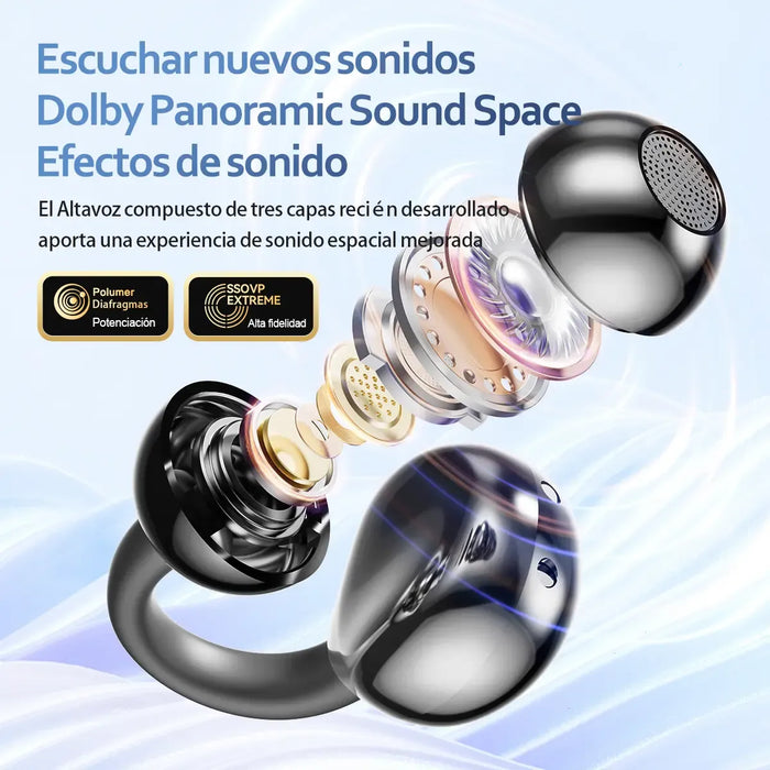 AUDÍFONOS BLUETOOTH 5.4 CLIP EAR: GAMERS Y DEPORTISTAS. INCLUYE CANCELACIÓN DE RUIDO, MICRÓFONO HD, CALIDAD DE AUDIO, IPX4, CONTROLES TÁCTILES Y COMODIDAD PROLONGADA. HOLFILL GRADO A
