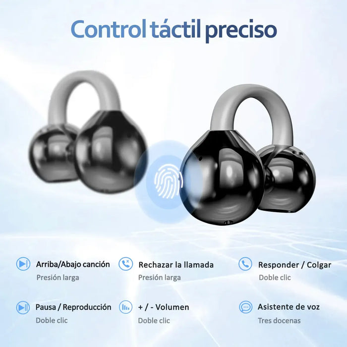 AUDÍFONOS BLUETOOTH 5.4 CLIP EAR: GAMERS Y DEPORTISTAS. INCLUYE CANCELACIÓN DE RUIDO, MICRÓFONO HD, CALIDAD DE AUDIO, IPX4, CONTROLES TÁCTILES Y COMODIDAD PROLONGADA. HOLFILL GRADO A
