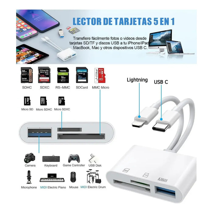 ADAPTADOR SD LECTOR DE TARJETAS SD LECTOR DE TARJETAS DE MEMORIA 5 EN 1, ADAPTADOR OTG USB LECTOR DE TARJETAS SD PARA CELULAR PARA IPHONE/IPAD/XIAOMI COMPUTADORA BLANCO JEEYEE