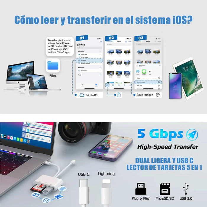 ADAPTADOR SD LECTOR DE TARJETAS SD LECTOR DE TARJETAS DE MEMORIA 5 EN 1, ADAPTADOR OTG USB LECTOR DE TARJETAS SD PARA CELULAR PARA IPHONE/IPAD/XIAOMI COMPUTADORA BLANCO JEEYEE