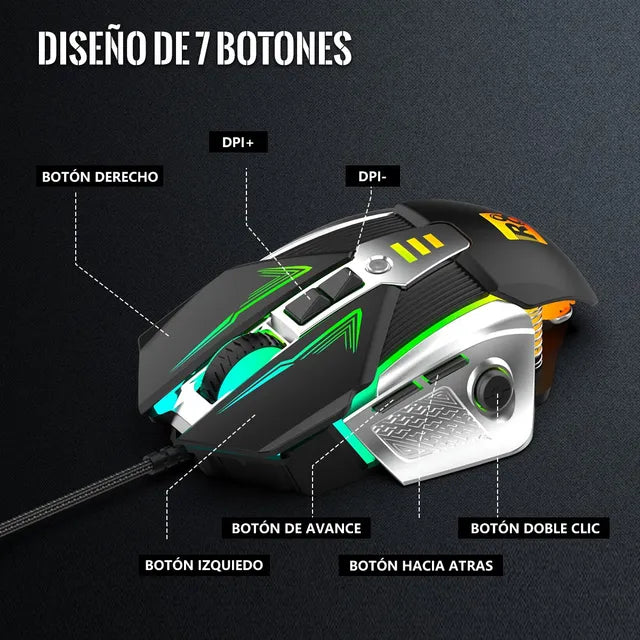 Mouse Gamer Ergonomico Rgb 7 Botones 7200 Dpi Usb Grado A
