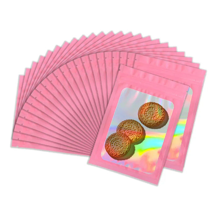 200 Bolsas Holográficas Rosas Plástico Resellables 10.5x15cm Color Rosa Grado A