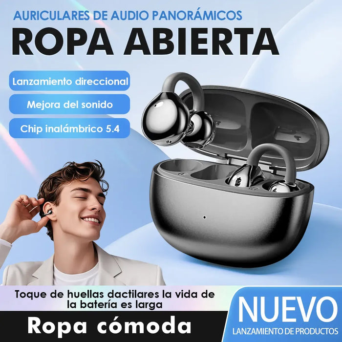 AUDÍFONOS BLUETOOTH 5.4 CLIP EAR: GAMERS Y DEPORTISTAS. INCLUYE CANCELACIÓN DE RUIDO, MICRÓFONO HD, CALIDAD DE AUDIO, IPX4, CONTROLES TÁCTILES Y COMODIDAD PROLONGADA. HOLFILL GRADO A