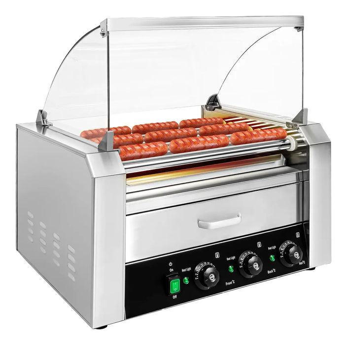MAQUINA PARA HOT DOGS 16 SALCHICHAS COMERCIAL 18 PANES 9 RODILLOS CALENTADOR ELECTRICO 2200W 155° C CAJON CAPELO CRISTAL TEMPLADO ACERO INOXIDABLE NEGOCIO SNACK BAR EVENTO FOOD TRUCK USO RUDO GRADO B