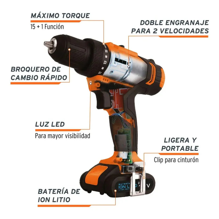 Taladro Inalámbrico TALI-12A2 Batería Ión Litio naranja Truper Grado A