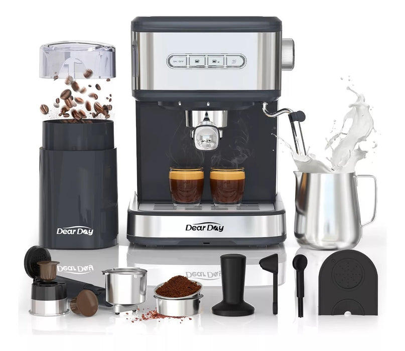 Dear Day Cafetera Con Molinillo Integrado, Mango For Capsules, Prensa De Café, Jarra De Espuma, Tapete Para Prensado, Cuchara Dosificadora Y Cepillo De Limpieza GRADO
