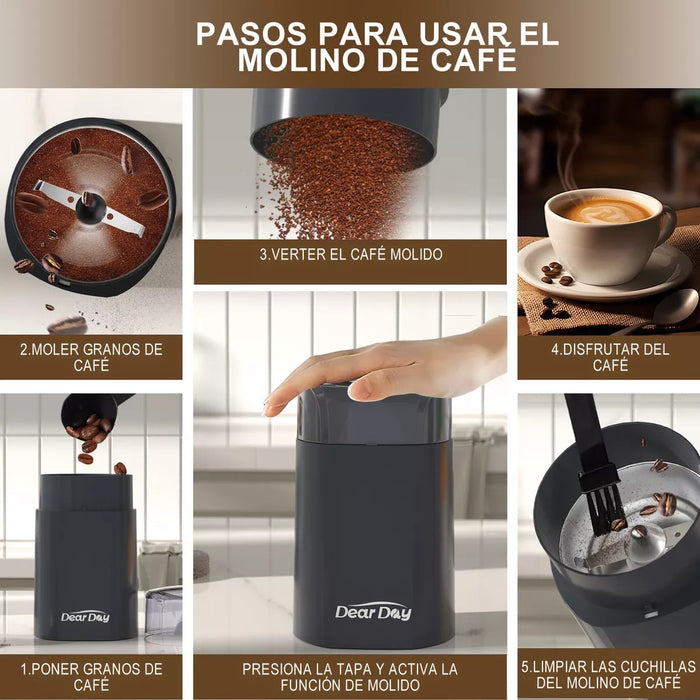 Dear Day Cafetera Con Molinillo Integrado, Mango For Capsules, Prensa De Café, Jarra De Espuma, Tapete Para Prensado, Cuchara Dosificadora Y Cepillo De Limpieza GRADO