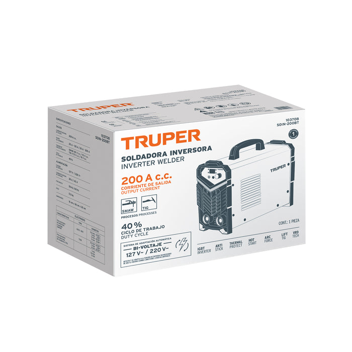 SOLDADORA INVERSORA 200 A, BI-VOLTAJE 127 V/220 V COLOR NARANJA TRUPER SOIN-200BT GRADO A