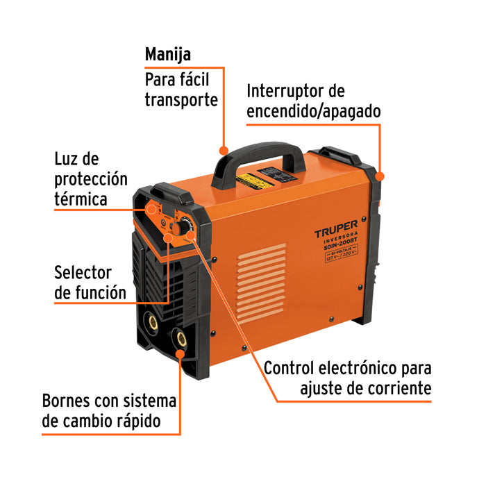 SOLDADORA INVERSORA 200 A, BI-VOLTAJE 127 V/220 V COLOR NARANJA TRUPER SOIN-200BT GRADO A