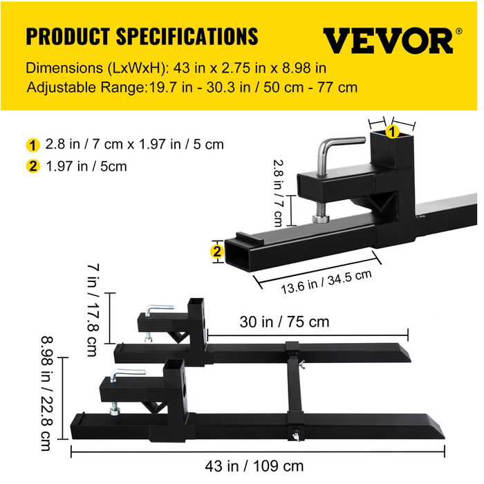 VEVOR Horquillas de Paletas Horquillas 1500lb con Barra Estabilizadora Ajustable