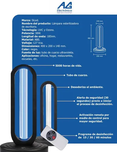 LUZ DE ESTERILIZACIÓN UV + OZONO CON TEMPORIZADOR 38W 110V