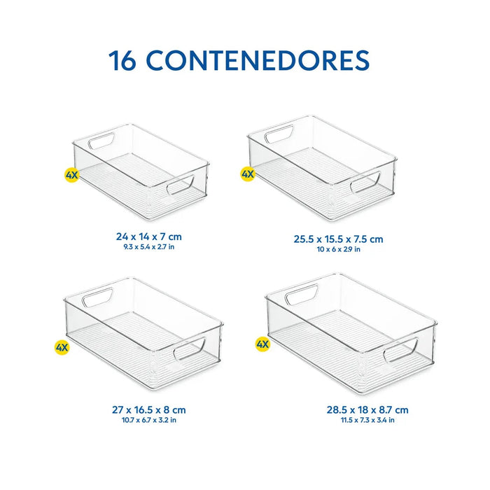 JUEGO DE 16 DE ORGANIZADORES CONTENEDORES DE PLÁSTICO COLOR TRANSPARENTE GRADO B