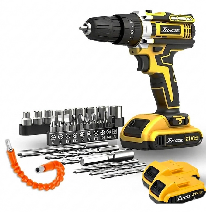TALADRO ATORNILLADOR PERCUTOR INALÁMBRICO JUHOE M93 21V 2 BATERÍ­AS LI-ION SIN ESCOBILLAS MANDRIL 10MM AMARILLO 60HZ GRADO B