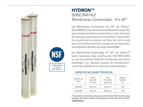 membrana osmosis 4x40 ultra baja presion hydron 2600 gpd 3807 GRADO B