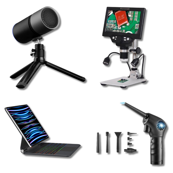 LOTE GRADO B - 4 Artículos de Electrónica Microscopio + Micrófono + Soplador de Aire Para PC + Teclado Para iPad