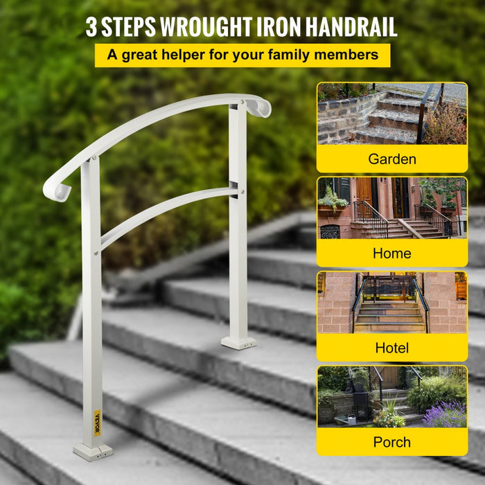 VEVOR Barandilla de Hierro Forjado 52,5 cm Pasamanos de Escaleras de 3 Pasos Baranda Exterior de Tubo Cuadrado Parapeto Blanco para Escalones de Hormigón