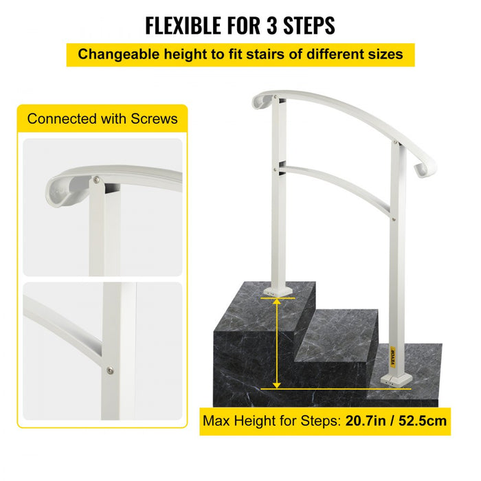 VEVOR Barandilla de Hierro Forjado 52,5 cm Pasamanos de Escaleras de 3 Pasos Baranda Exterior de Tubo Cuadrado Parapeto Blanco para Escalones de Hormigón