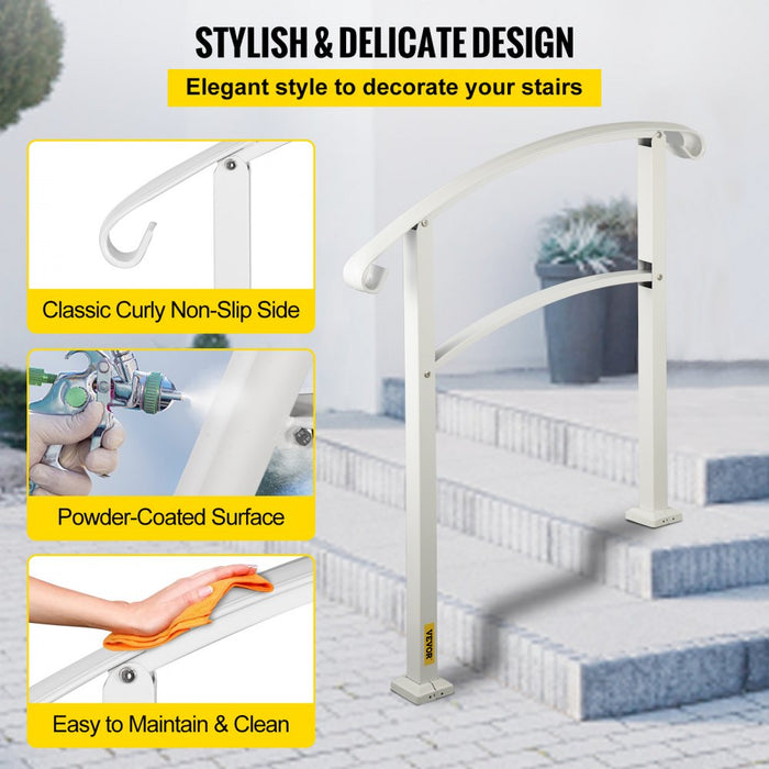 VEVOR Barandilla de Hierro Forjado 52,5 cm Pasamanos de Escaleras de 3 Pasos Baranda Exterior de Tubo Cuadrado Parapeto Blanco para Escalones de Hormigón