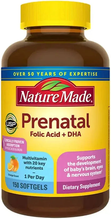 Suplemento Vitamínico Prenatal de Nature Made con Ácido Fólico y DHA, 150 Cápsulas Blandas GRADO B