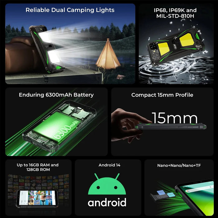 OUKITEL G5 16(4+12)+128GB 6300MAH TELÉFONO CELULAR INTELIGENTE DUAL SIM 6IN HD IP69K IMPERMEABLE RUGGED SMARTPHONE 900LM LUCES DE CAMPING DUAL/FACE ID NEGRO GRADO A