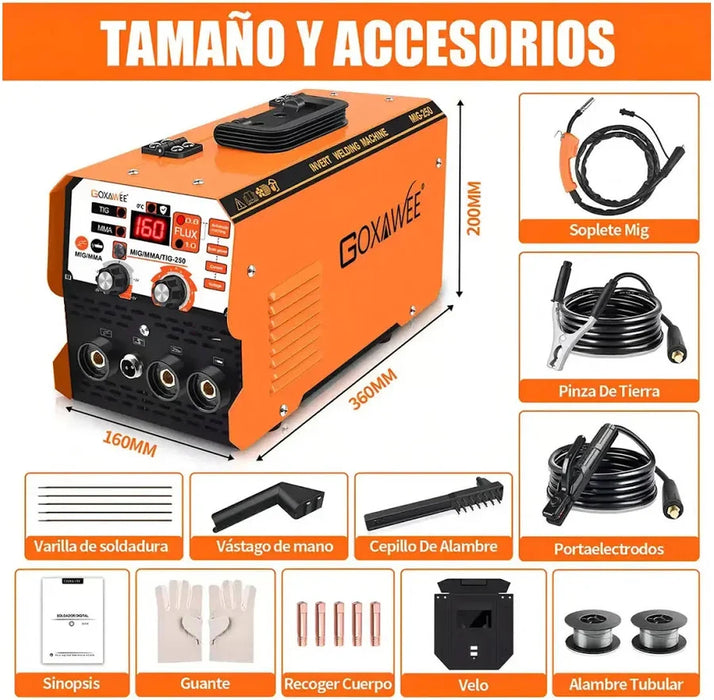 SOLDADO ELÉFICO DE TRES EN UNO SIN GAS CON CONTROL COLECTIVO / MANUAL MIG TIG & MMA GOXAWEE 110V 20A - 250A CORRENTE INT GRADO B