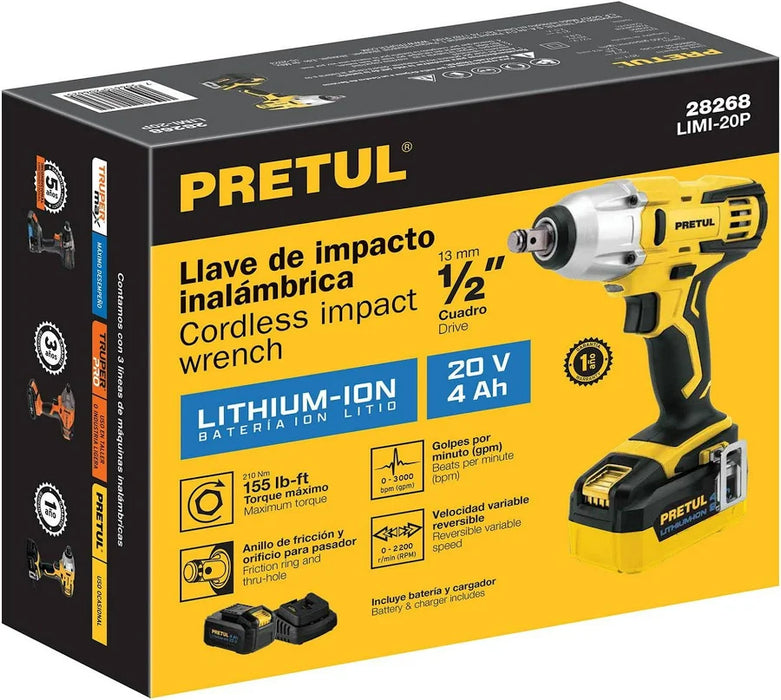 LLAVE DE IMPACTO INALÁMBRICA 1/2'' , 20 V, PRETUL LIMI-20P COLOR AMARILLO FRECUENCIA 60HZ GRADO B