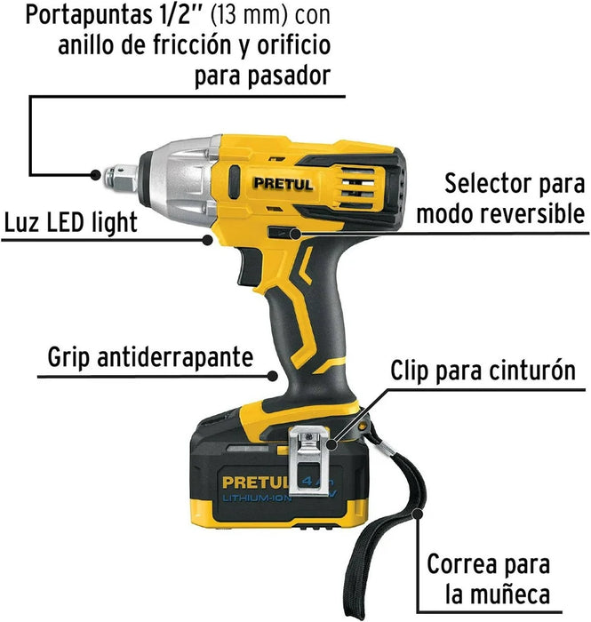LLAVE DE IMPACTO INALÁMBRICA 1/2'' , 20 V, PRETUL LIMI-20P COLOR AMARILLO FRECUENCIA 60HZ GRADO B