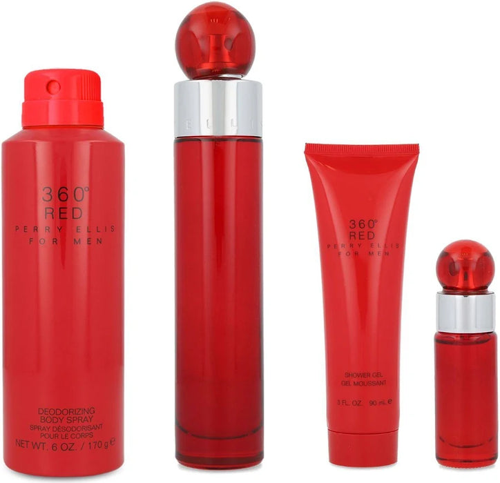 PERRY ELLIS 360 RED 3.4OZ EDT SPRAY, 6OZ BODY SPRAY, 3OZ SHOWER GEL, 7.5ML EDT SPRAY MEN 4 PC GIFT SET GRADO B