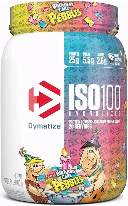 DYMATIZE X BIRTHDAY CAKE PEBBLES ISO100 WHEY PROTEIN POWDER ISOLATE, 25G OF PROTEIN, 20 SERVINGS, 5.5G BCAAS, 120 CAL., GLUTEN FREE, 1G FAT, 1G SUGAR, 2G CARB GRADO B